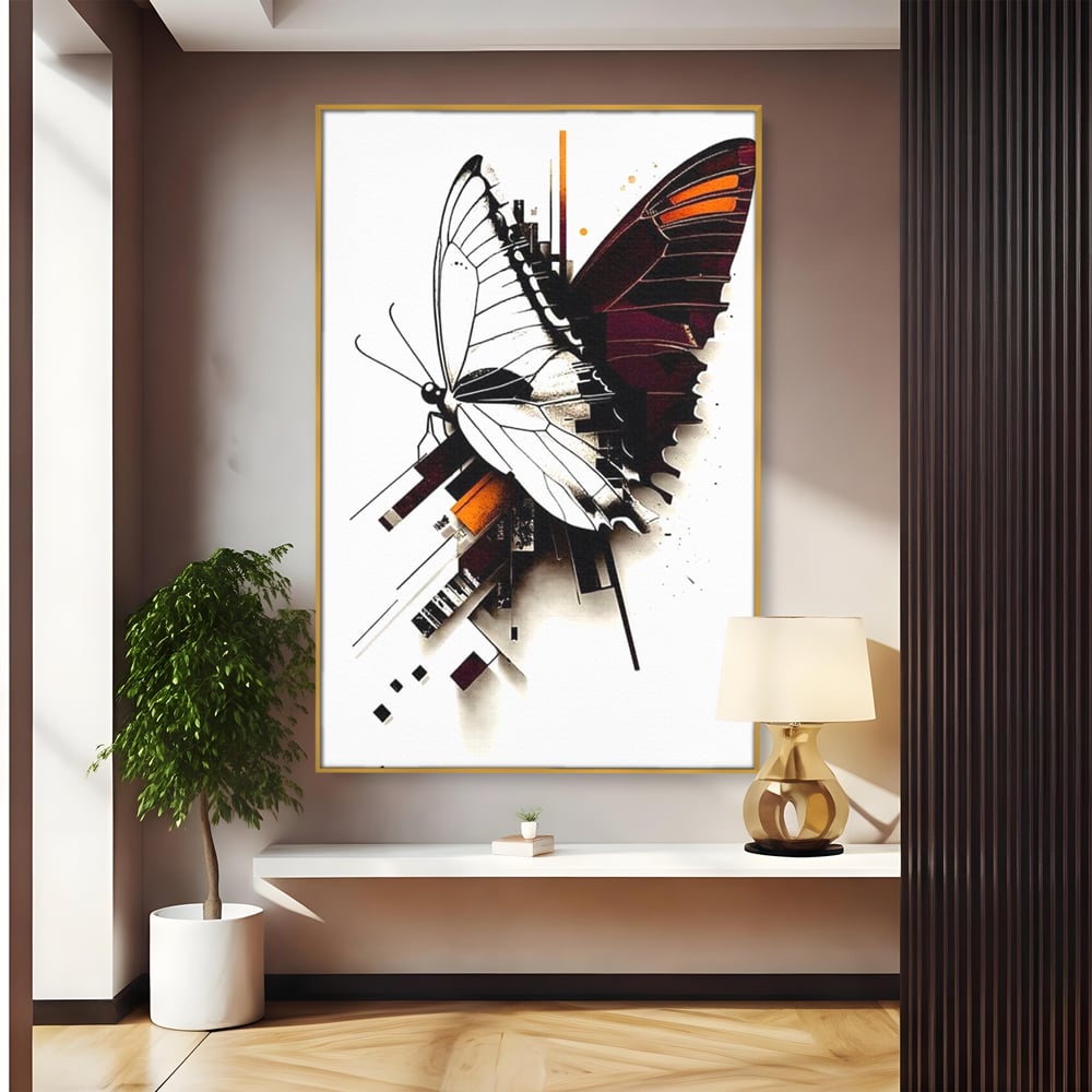 Tablou canvas cu ilustratie digitala cu fluture si linii geometrice, in rama de aluminiu auriu
